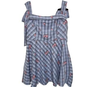 Francesca's Plaid Floral Mini Dress Womens XL Blue Pink New Tie Shoulder Flare